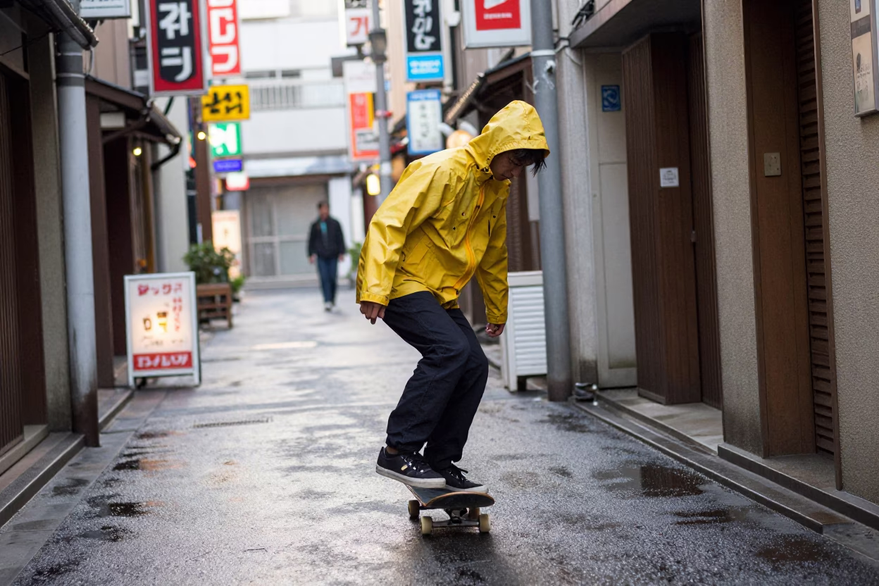 Skateboarder Pausing in Osaka in in Osaka, Japan