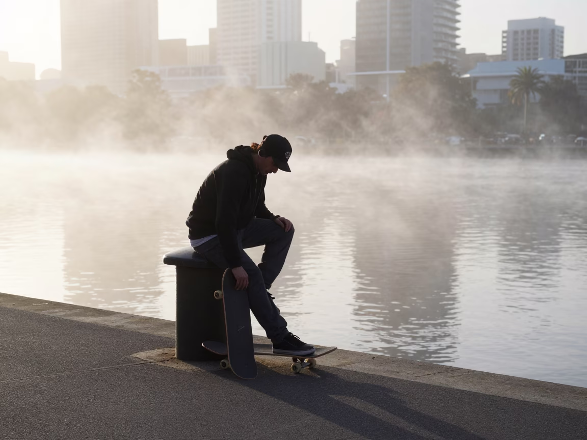 Skateboarder Pausing in Perth in in Perth, Western Australia, Australia