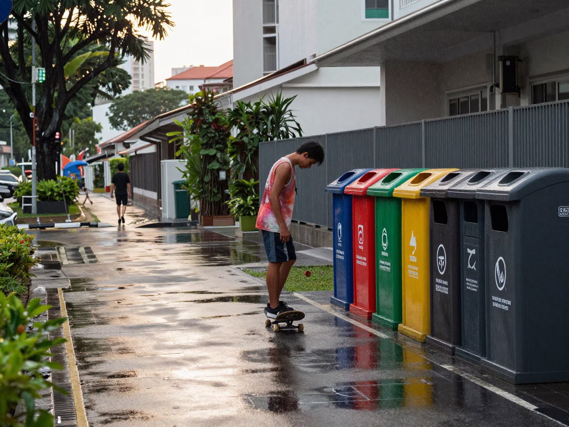 Skateboarder Pausing in Singapore in in Singapore, Singapore
