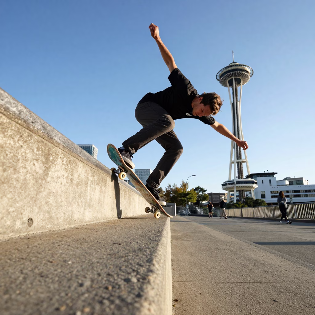 Skateboarder Performing Trick Near Seattle Ferry Terminal in Bright Midmorning Light in in Seattle, Washington, United States