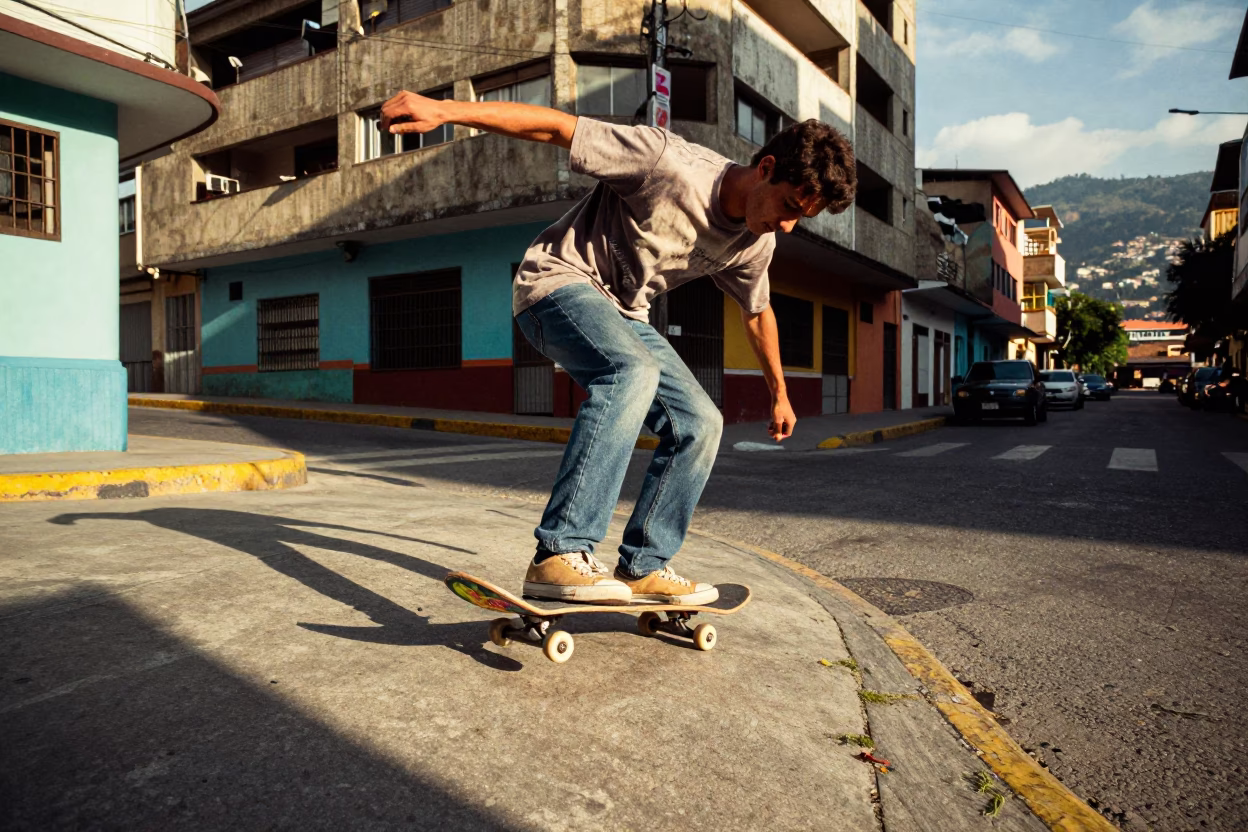Skateboarder Performing Tricks on Street Corner in Medellin Colombia Early Afternoon in in Medellin, Colombia