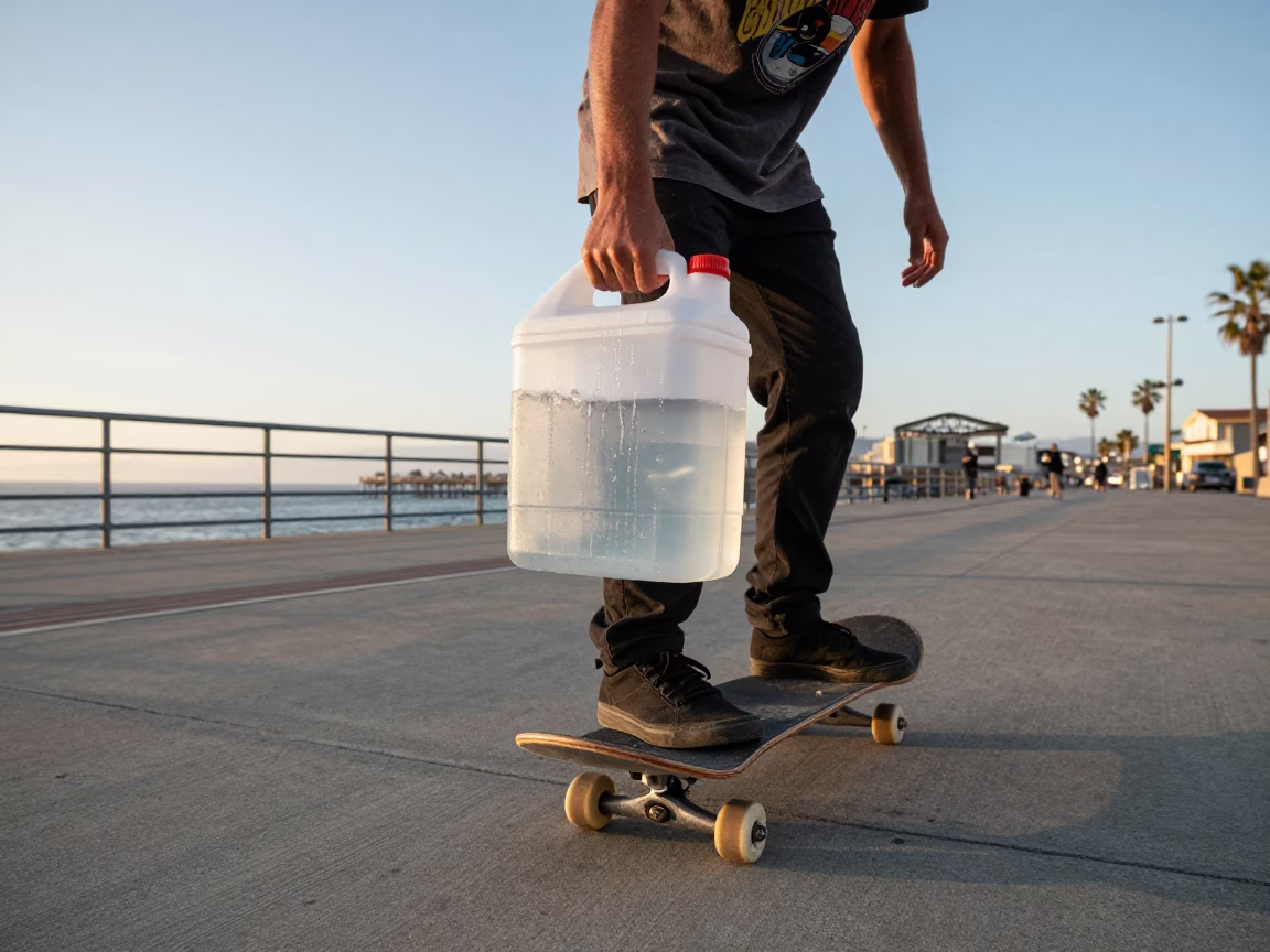 Skateboarder Resting on Concrete Sidewalk Near Santa Monica Pier at Sunset with Cooler Jug in in Los Angeles, California, United States