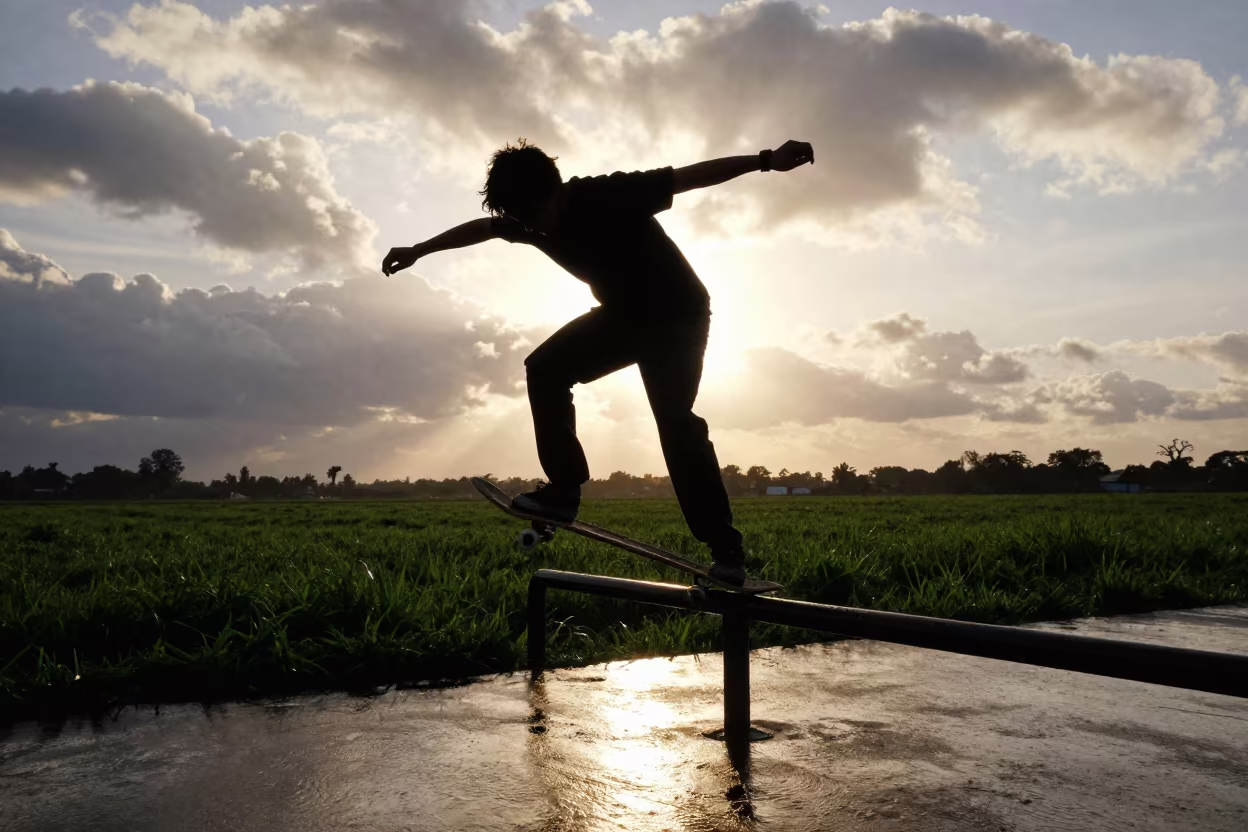 Skateboarder Silhouette Rail Grind Sunset in near open fields near Aba