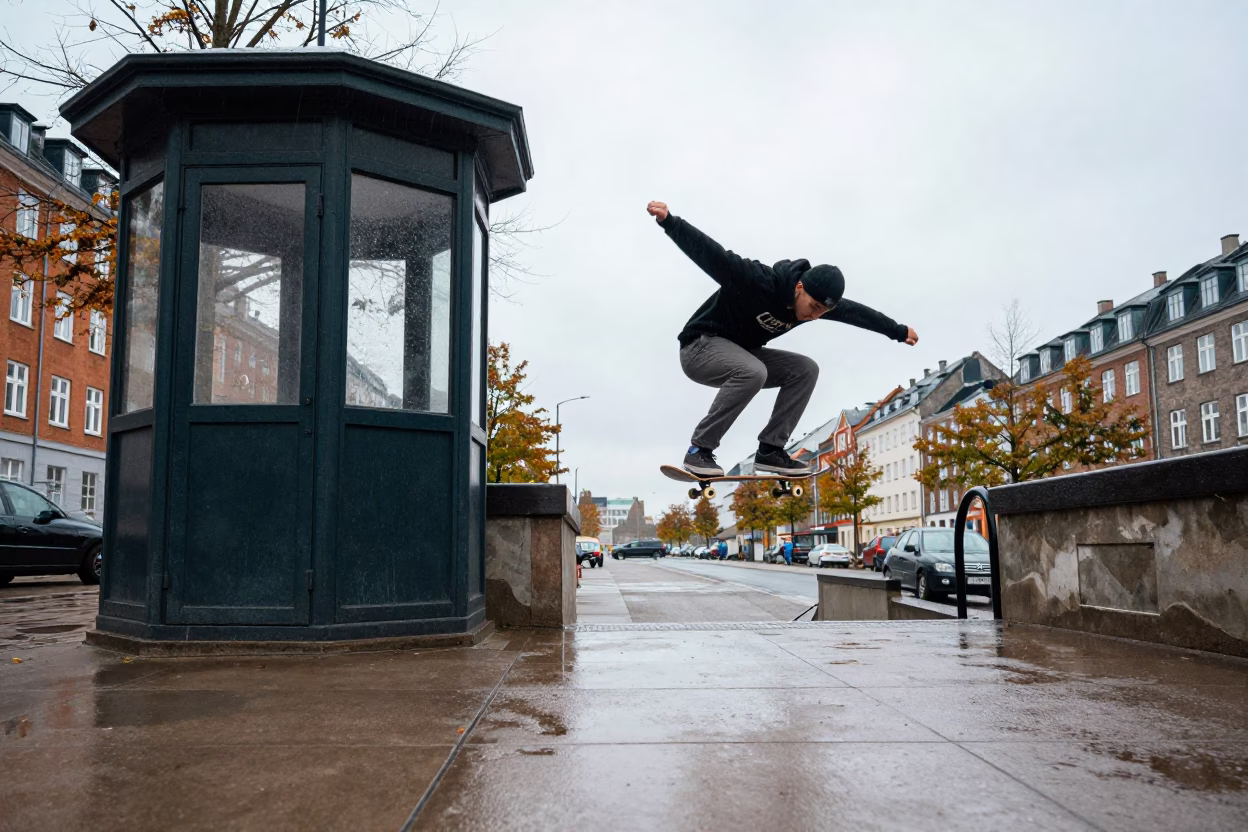 Skateboarder Underpass Session in Copenhagen Rain in by a rain-darkened kiosk in Copenhagen