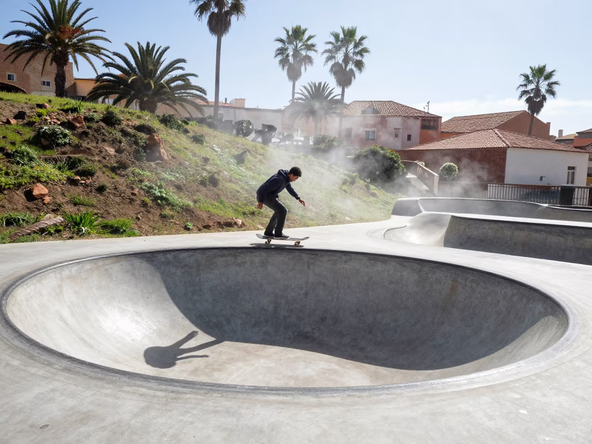 Skateboarder Watching Rain Dry in Casablanca Bowl in on a hillside near Casablanca