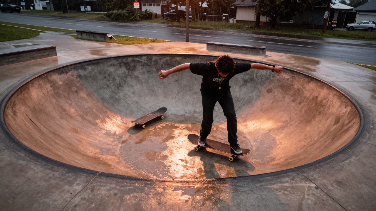 Skateboarder in Wet Concrete Bowl Near Divo in at a roadside stop near Divo
