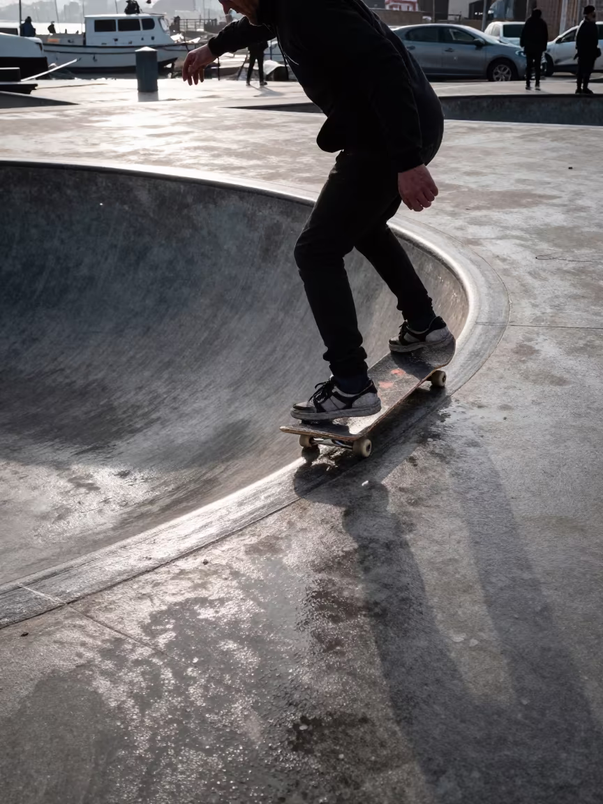 Skateboarder in Winter Shadow at Harbor Quay in at a harbor quay near Sulaymaniyah