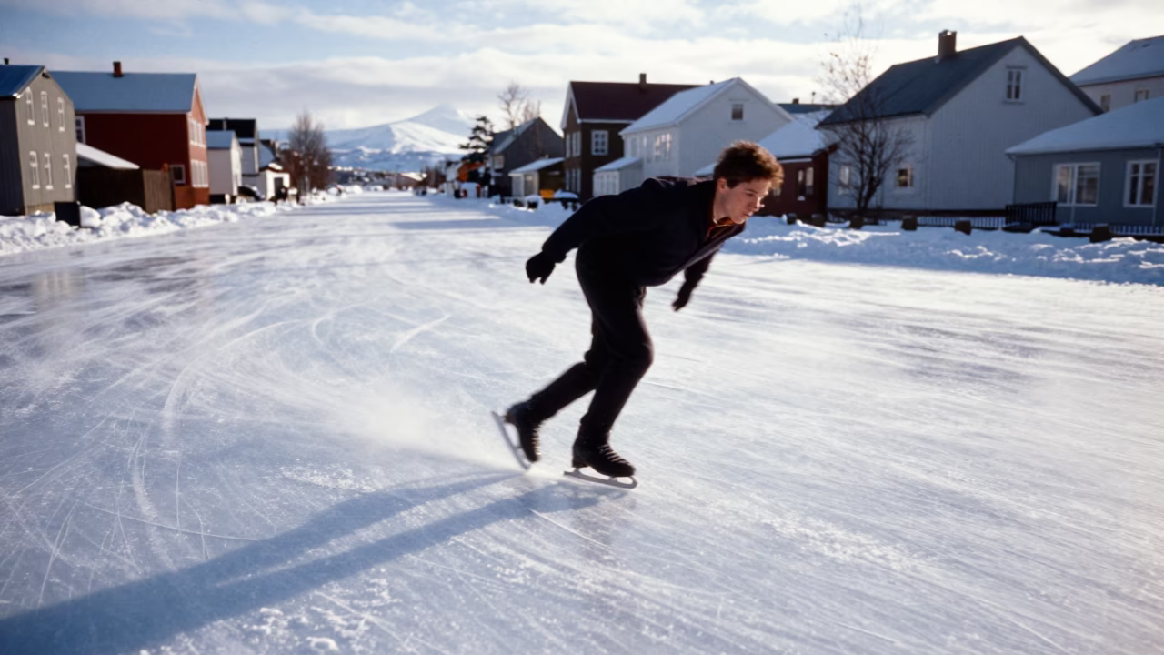 Skater Blade Trail on Fresh Ice in Reykjavik in in a village lane near Hlemmur, Reykjavik