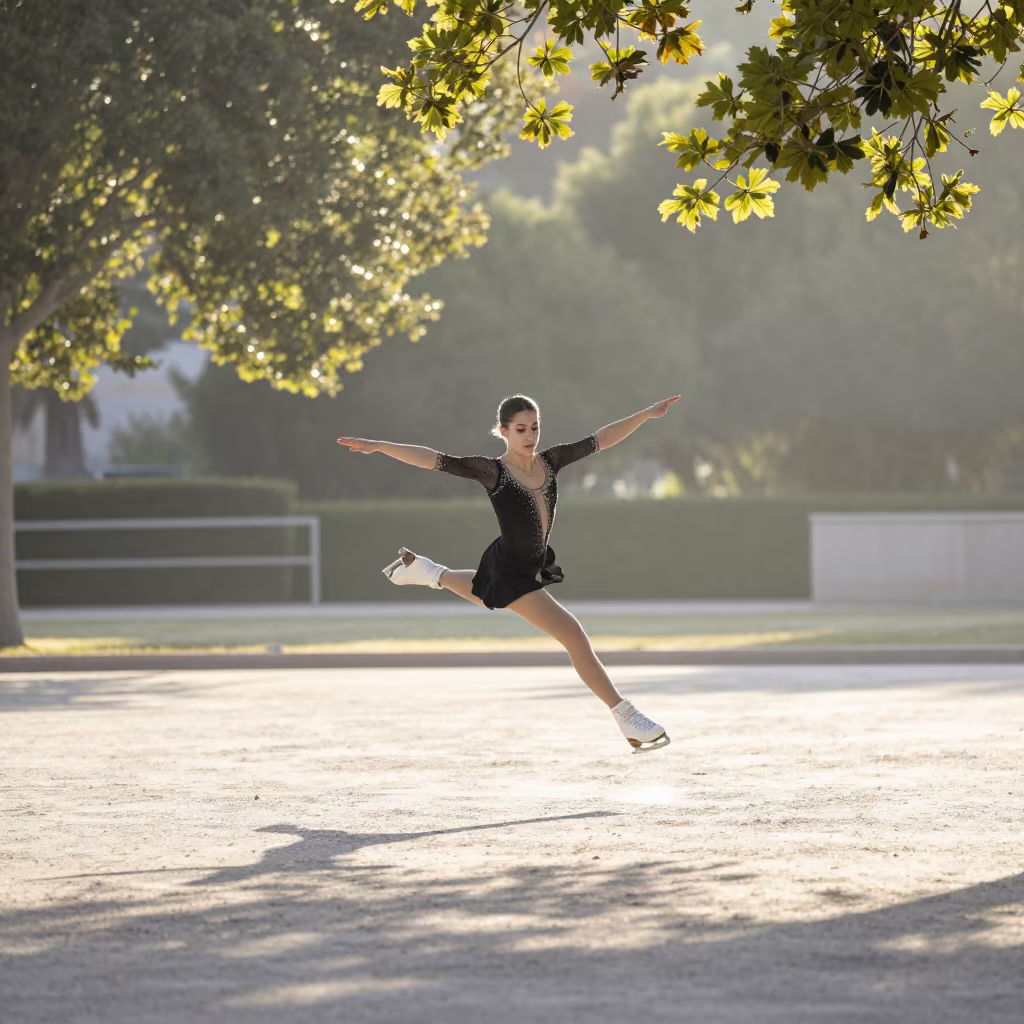 Skater Landing Triple Axel in Spring Fog in near open fields near Palma de Mallorca