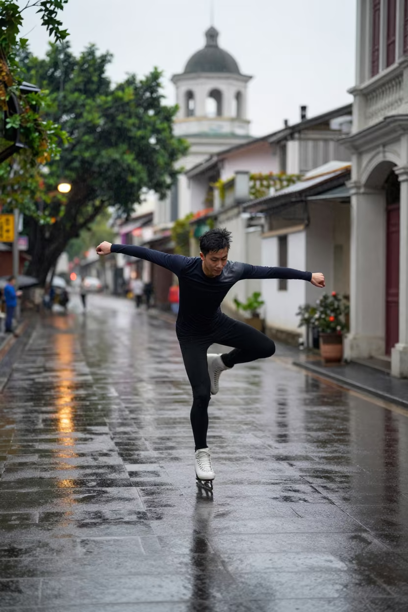 Skater Lands Triple Axel on Rainy Village Lane in in a village lane near Shamian Island, Guangzhou