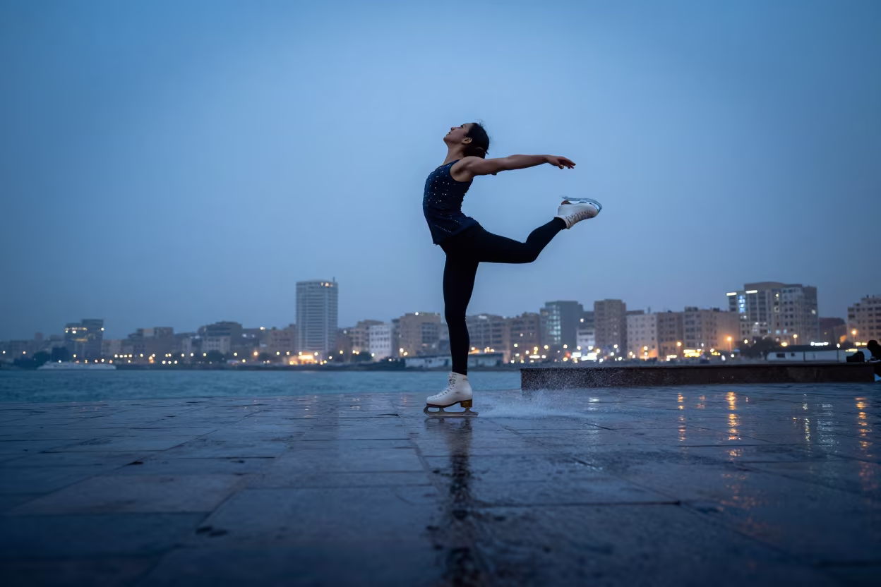 Skater Lands Triple Axel on Sana'a Harbor Quay in at a harbor quay near Sana'a