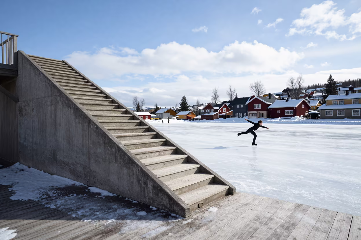 Skater Spins on Staircase in Oslo Thaw in in a village lane near Oslo