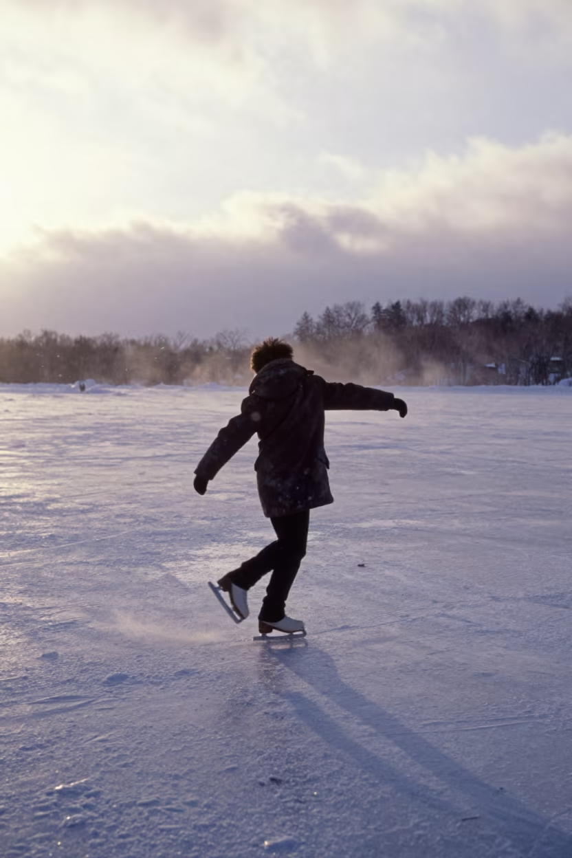 Skater Spinning on Frozen Sapporo Path Mist in on a mountain path near Sapporo