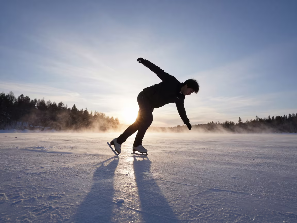 Skater Spins on Mountain Path at Arctic Dawn in on a mountain path near Helsinki