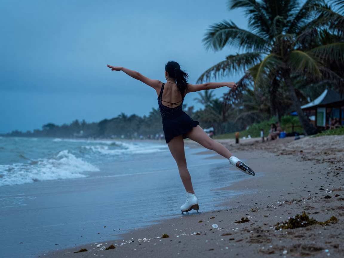 Skater Triple Axel Landing on Campeche Beach in along a beach near Campeche