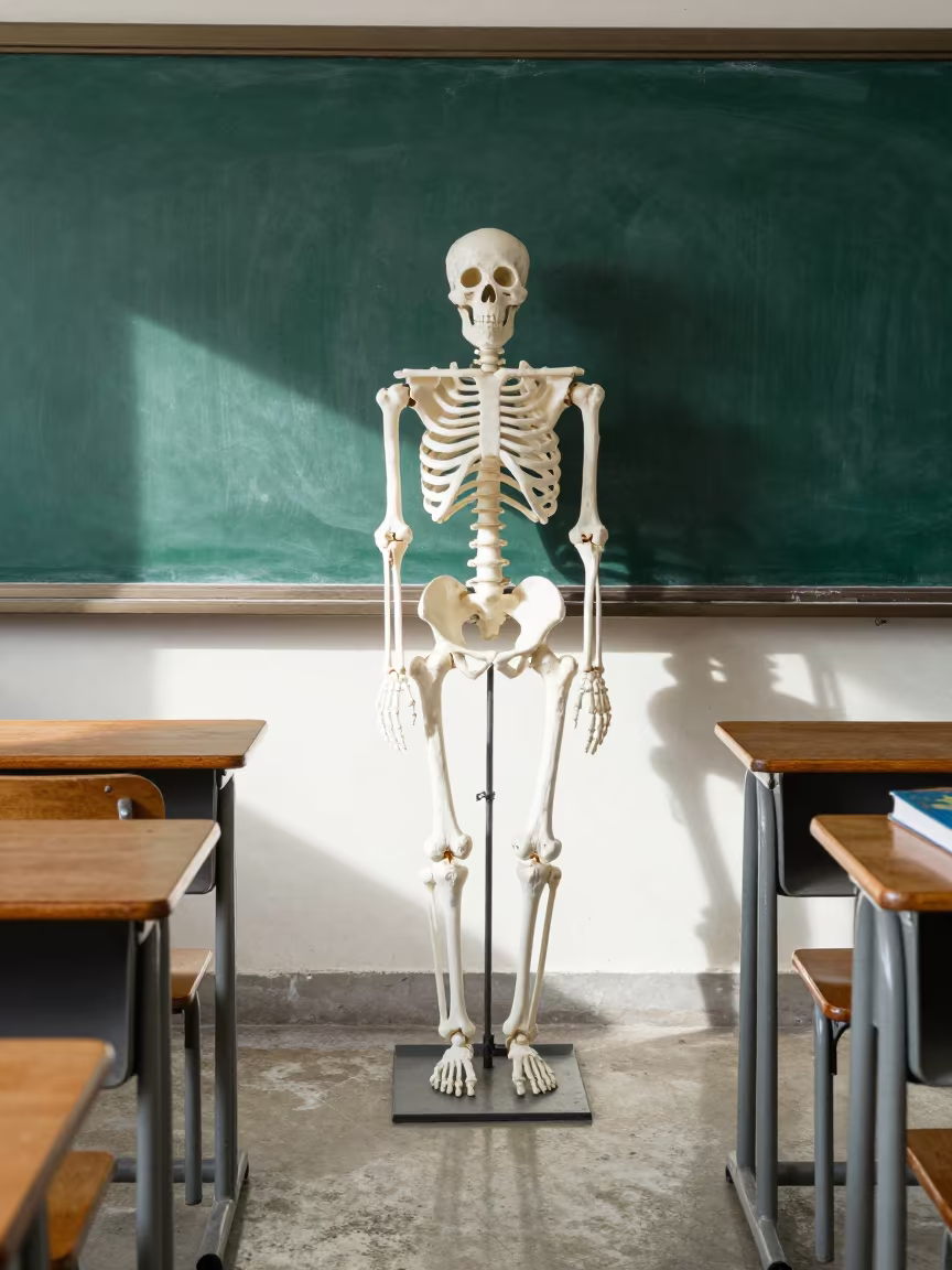 Skeleton Model Shadows on Classroom Blackboard Mazatlan in inside a quiet classroom near Mazatlan