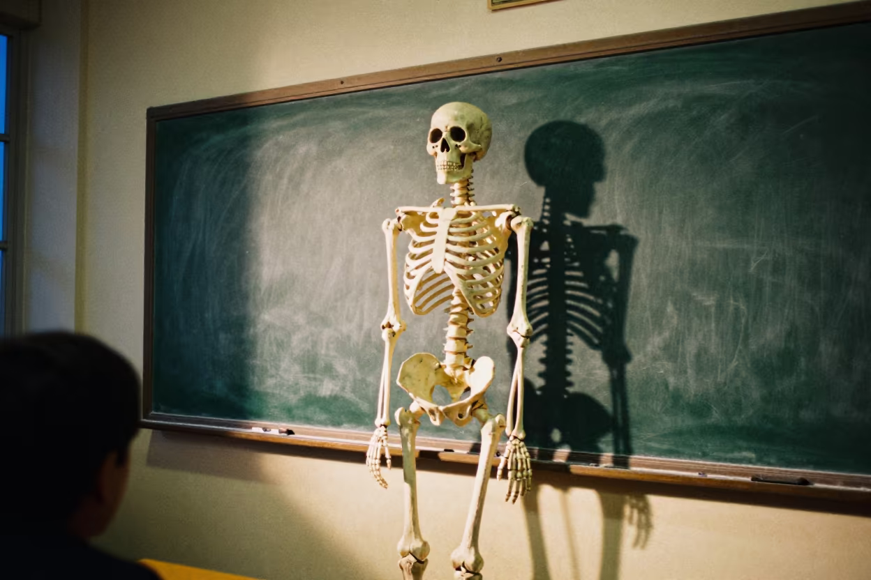 Skeleton Model Shadows Stretch Across Blackboard in inside a quiet classroom in Santo Domingo