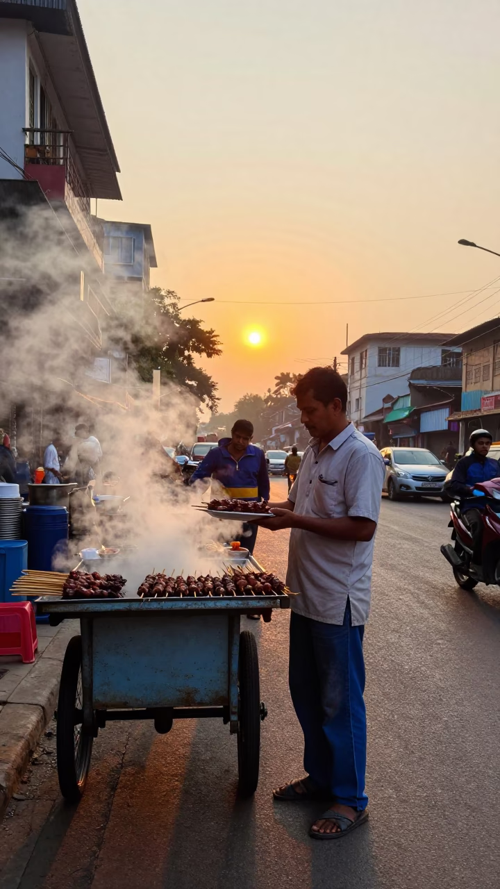 Skewered Anticuchos in Kolkata at As The Sun Drops Toward The Horizon in in Kolkata, India