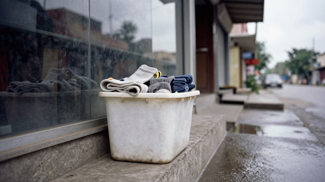 Ski Boot Sock Bin Etah Summer Reset in along a storefront glass line on a wet street in Etah