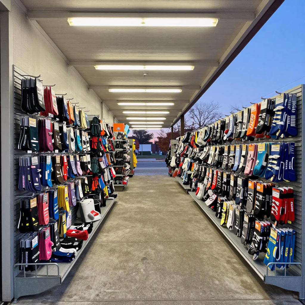 Ski Boot Sock Bin Under Shop Awning in beneath a shop awning at blue hour in Syracuse