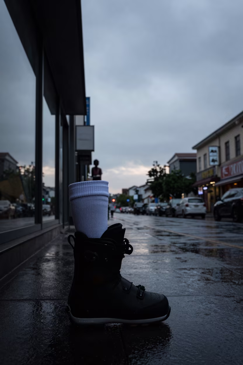 Silhouetted Ski Boot Sock Bin on Wet Guiyang Street in along a storefront glass line on a wet street in Guiyang