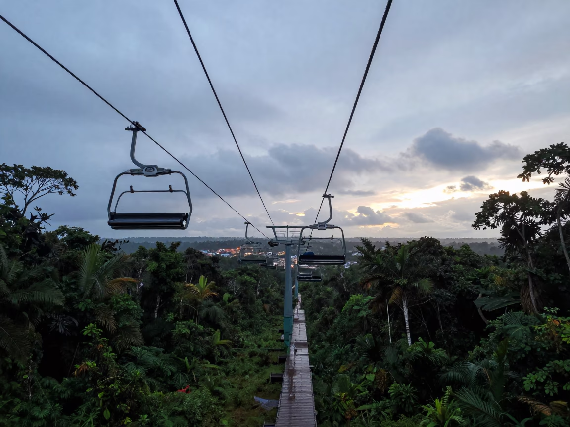 Ski Chair Lift Over Amazon Causeway at Blue Hour in on a wind-open causeway in the Amazon