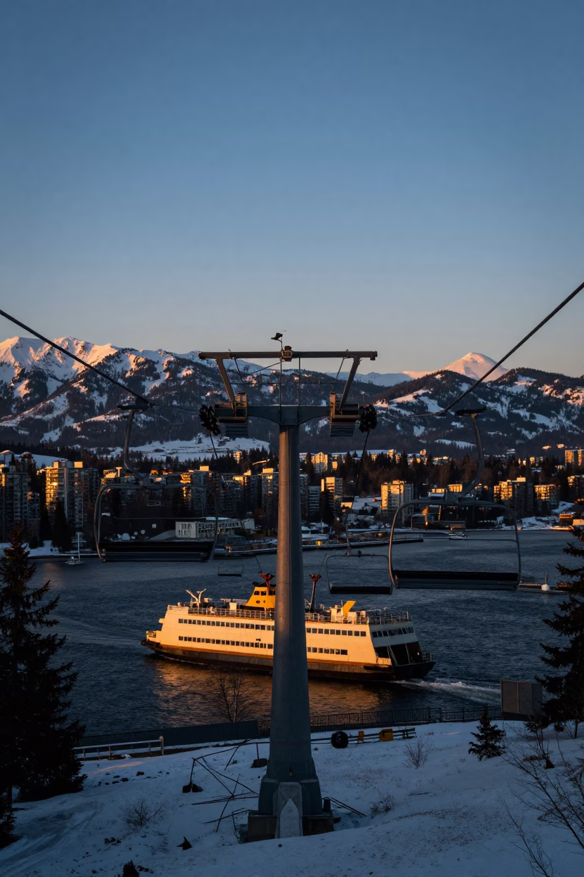 Ski Chair Lift Over Ferry Crossing at Blue Hour in across a remote ferry crossing near Gastown, Vancouver