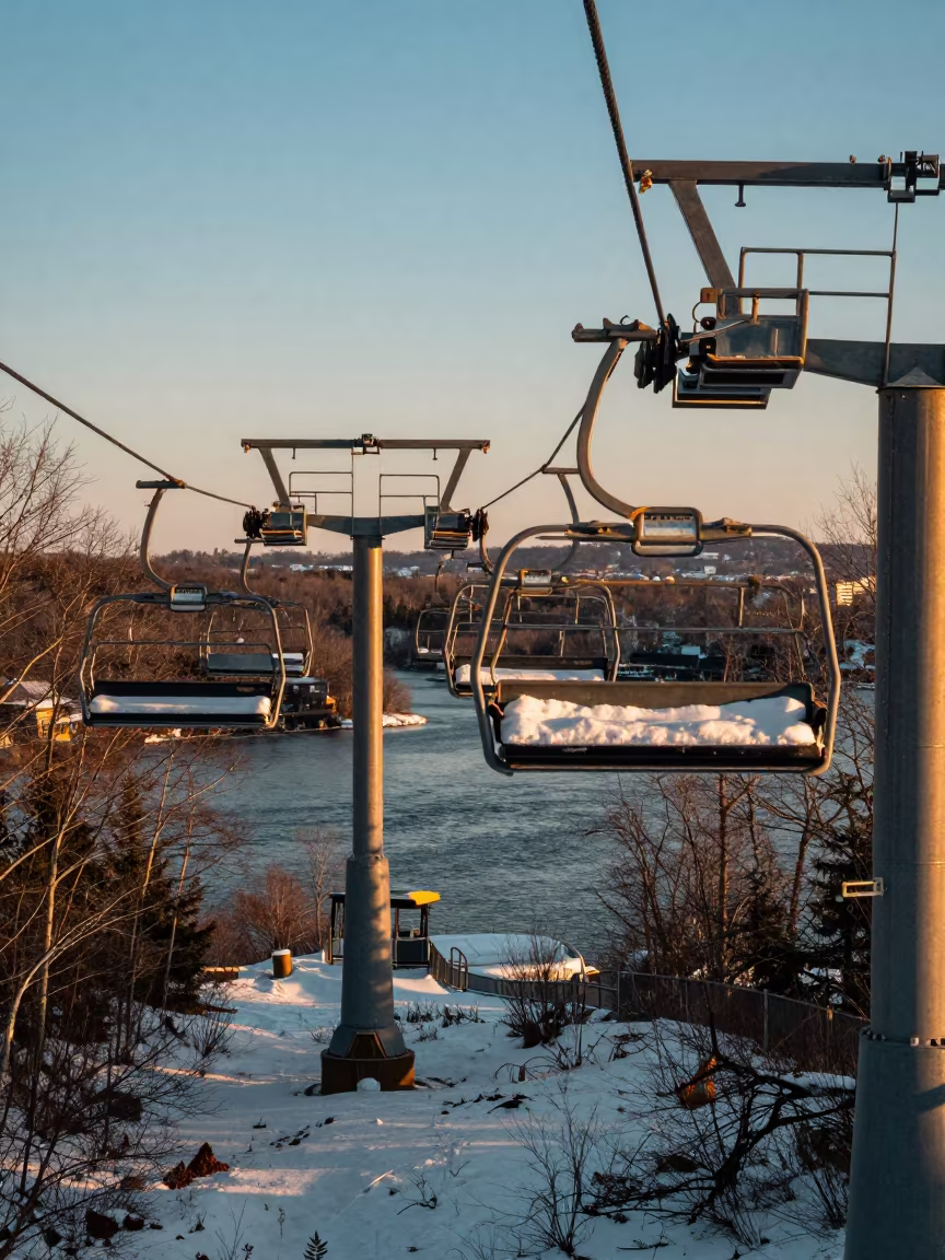 Ski Chair Lift Over Maryland Ferry Crossing in across a remote ferry crossing in Maryland