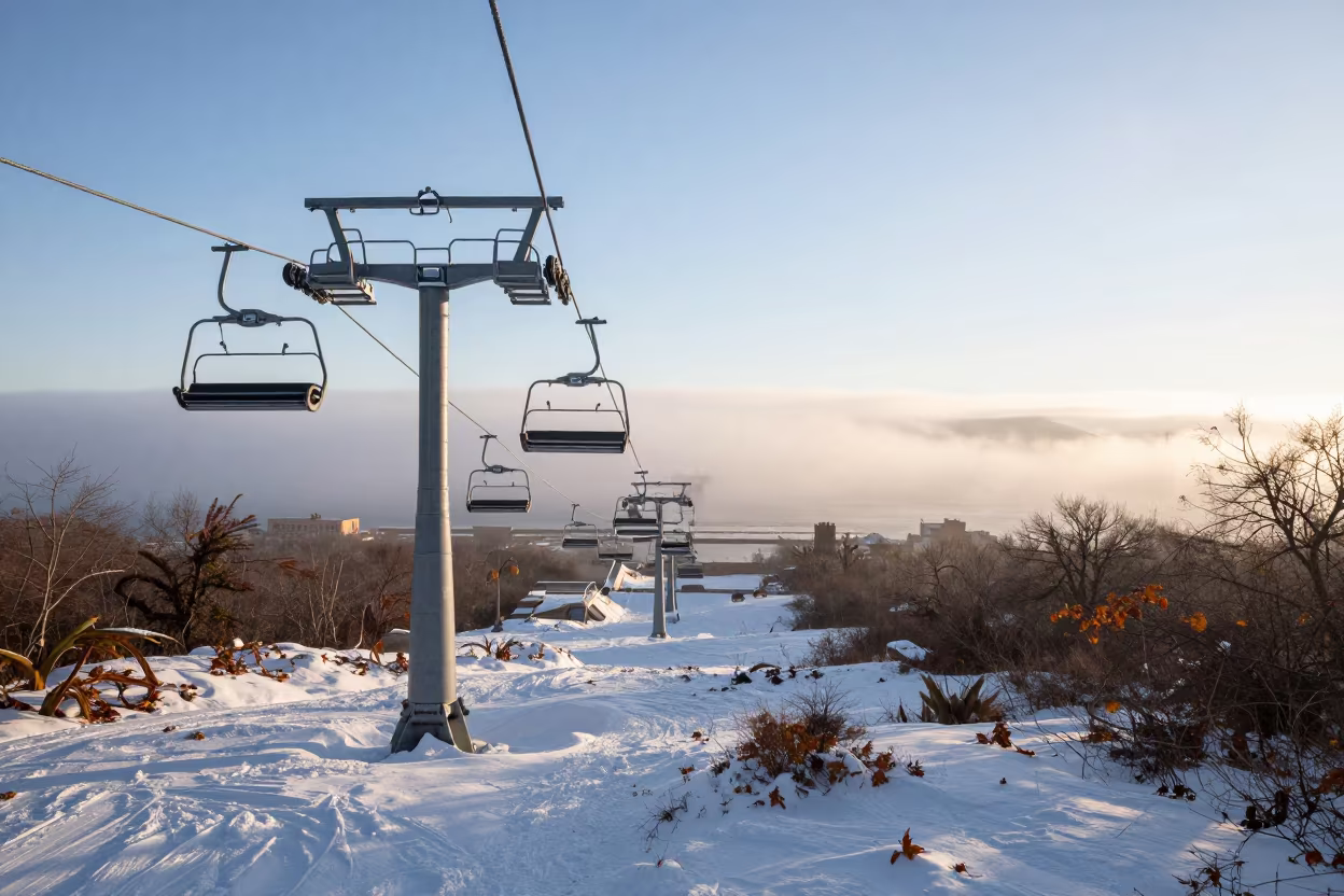 Ski Chair Lift Over Foggy Harbor at Sunrise in beside a fogbound harbor mouth near Matamoros