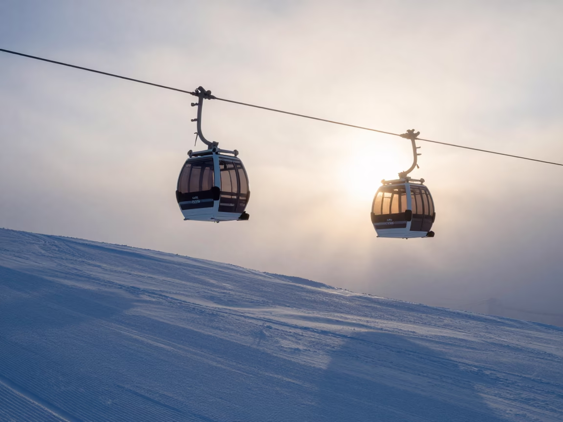 Ski Gondola Morning Sunrise Over Sapporo Fog in on a groomed ski slope before opening near Sapporo