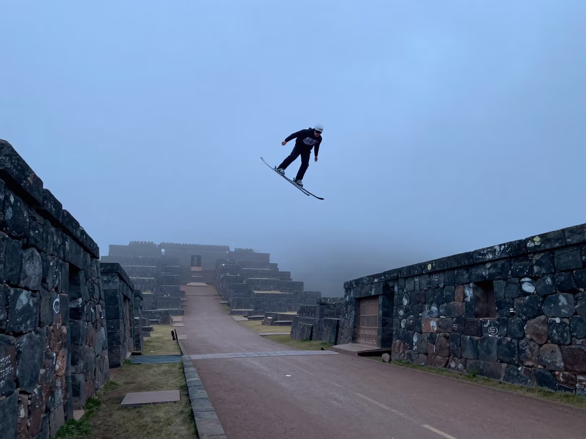 Ski Jumper in Blue Hour Mist Over Sacsayhuaman in along a market lane in Sacsayhuaman, Cusco