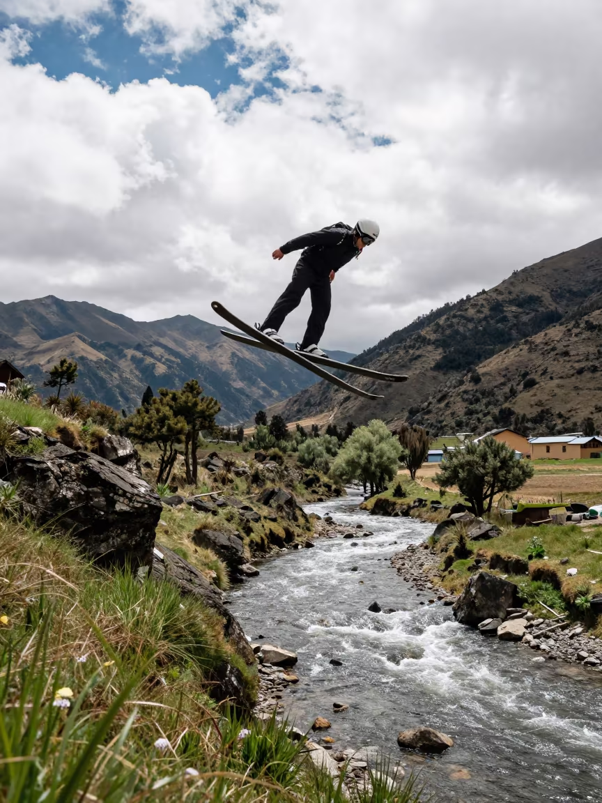 Ski Jumper Midday Flight Over Quito Valley in near a riverside landing in La Floresta, Quito
