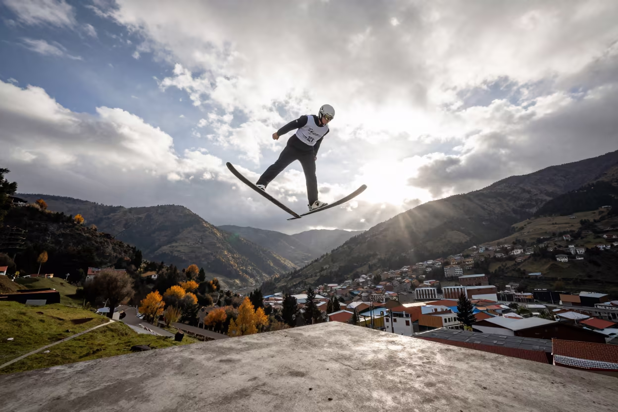 Ski Jumper Soaring Over La Ronda Valley With Second Sun in near La Ronda, Quito