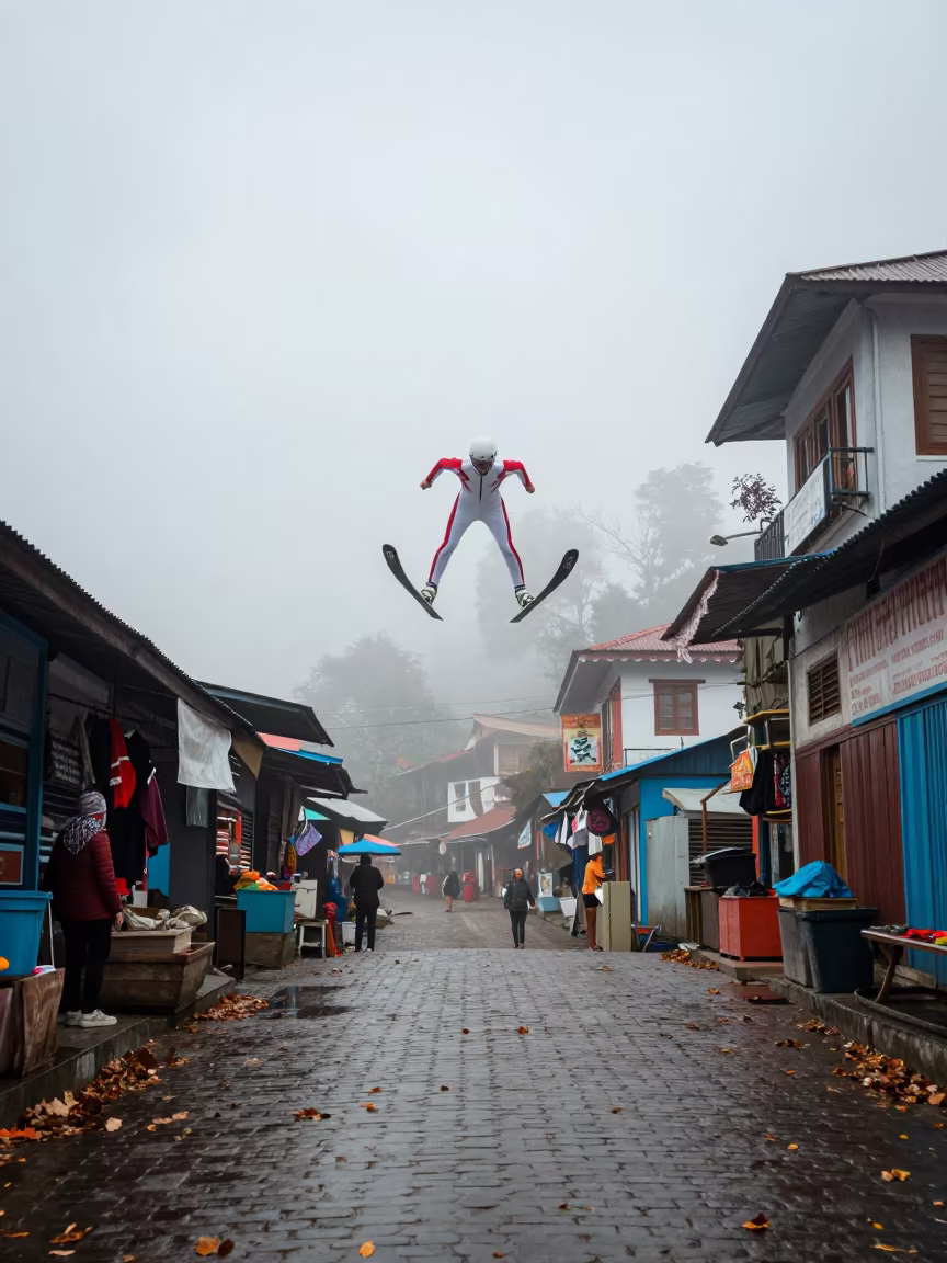 Ski Jumper Soaring Misty Autumn Pokhara Valley in along a market lane in Pokhara
