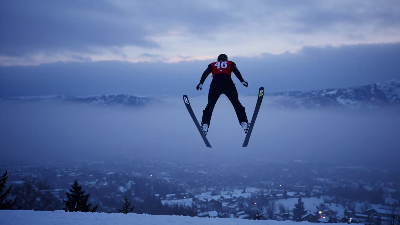 Ski Jumper Soaring Over Bishkek Valley Mist in in Bishkek