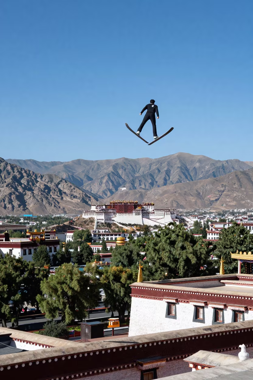 Ski Jumper in V-Position Soaring Above Lhasa Valley in near Norbulingka, Lhasa