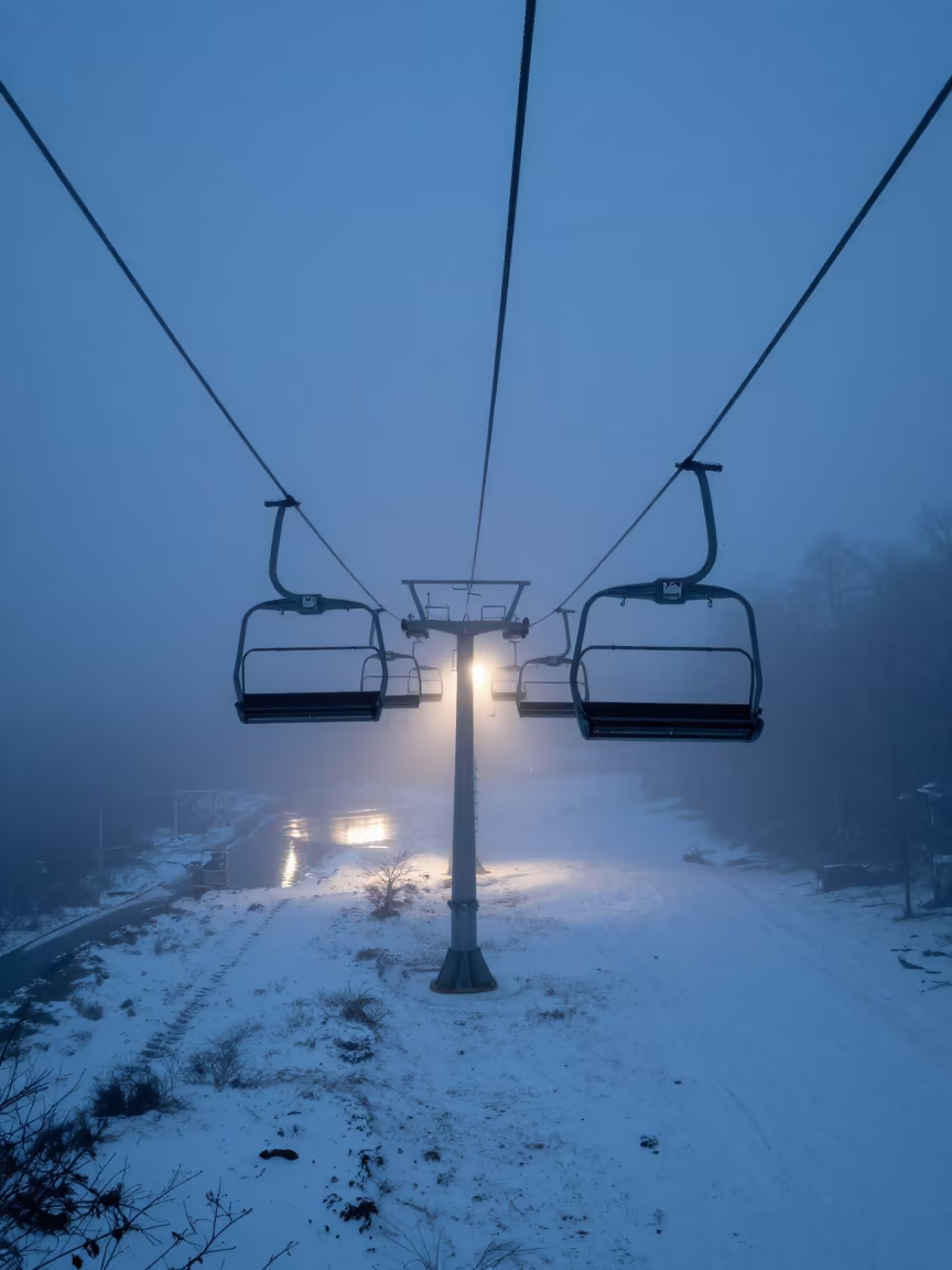 Ski Lift on Belgian Causeway at Twilight in on a wind-open causeway in Belgium