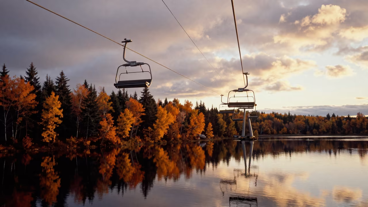 Ski Lift Floating Over Autumn Ferry Water in across a remote ferry crossing in Canada