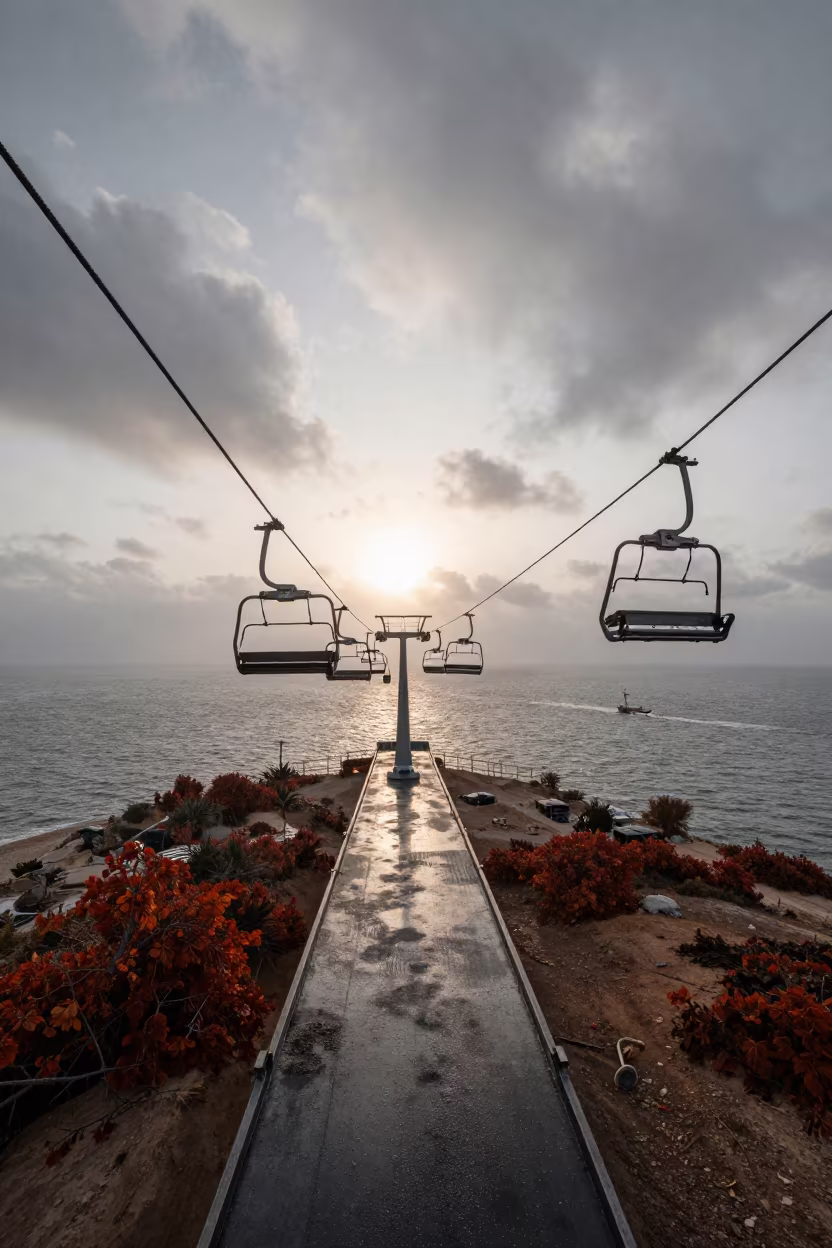 Ski Lift Ferry Crossing at Dawn Near Ajman in across a remote ferry crossing near Ajman