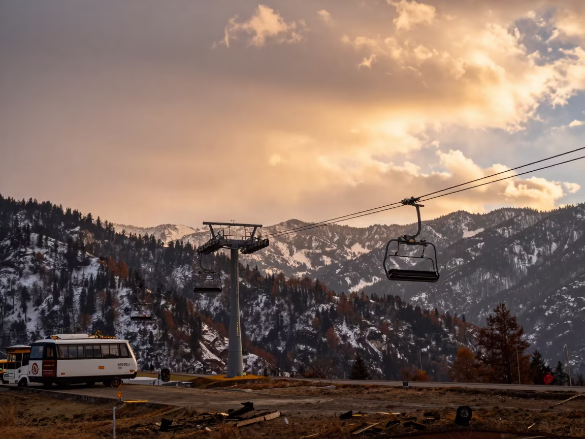 Ski Lift Over Ferry Crossing at Golden Hour in across a remote ferry crossing near Thimphu