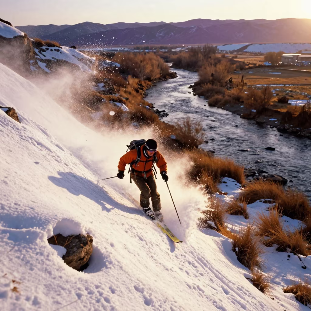 Ski Mountaineer Ascending Snowy Face Tehran Riverbank in by a riverbank near Tehran