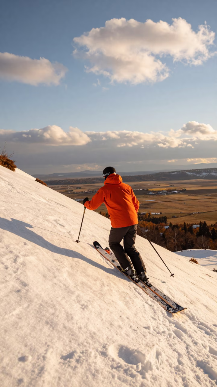 Ski Mountaineer Ascending Snowy Slope at Golden Hour in near open fields near Tbilisi