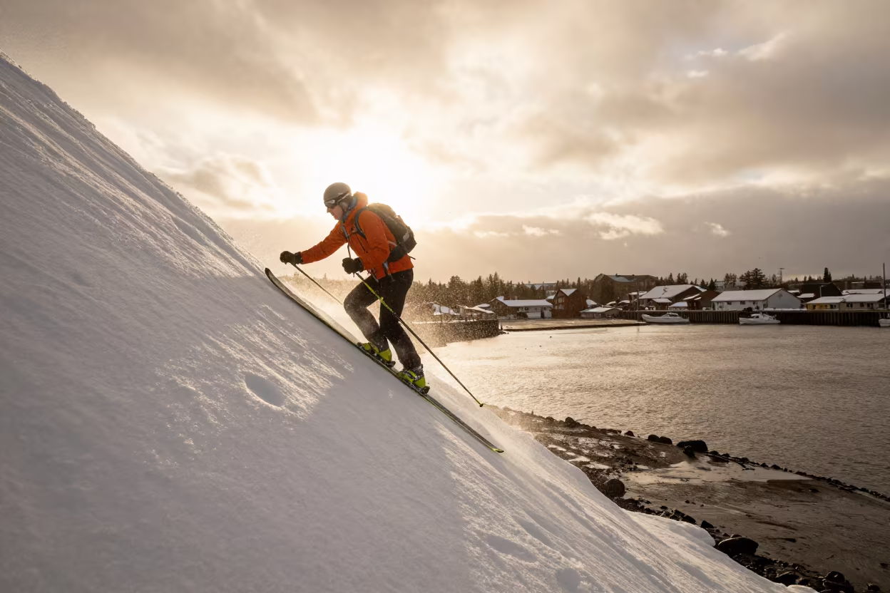 Ski Mountaineer Ascends Snowy Face at Harbor in at a harbor quay near Kumba