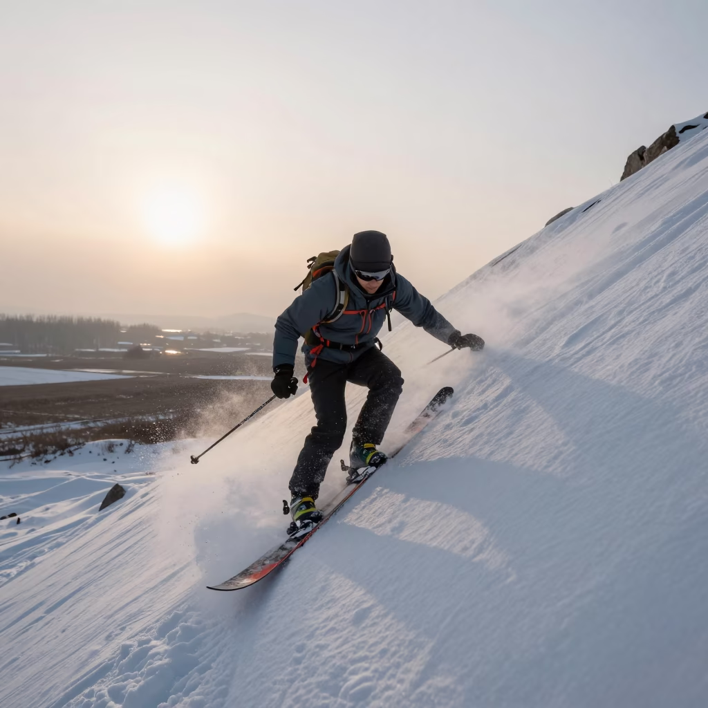 Ski Mountaineer Ascent Near Wuhan Dawn in near open fields near Wuhan