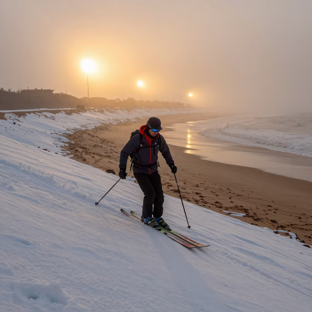 Ski Mountaineer on Beach at Sunset in along a beach near Kaolack