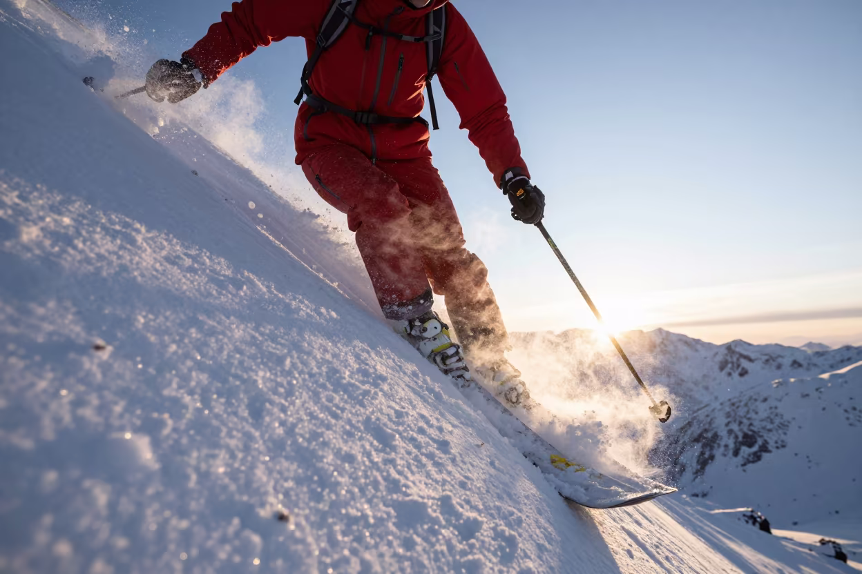 Ski Mountaineer Climbing Snowy Face at Sunrise in on a mountain path near Haikou