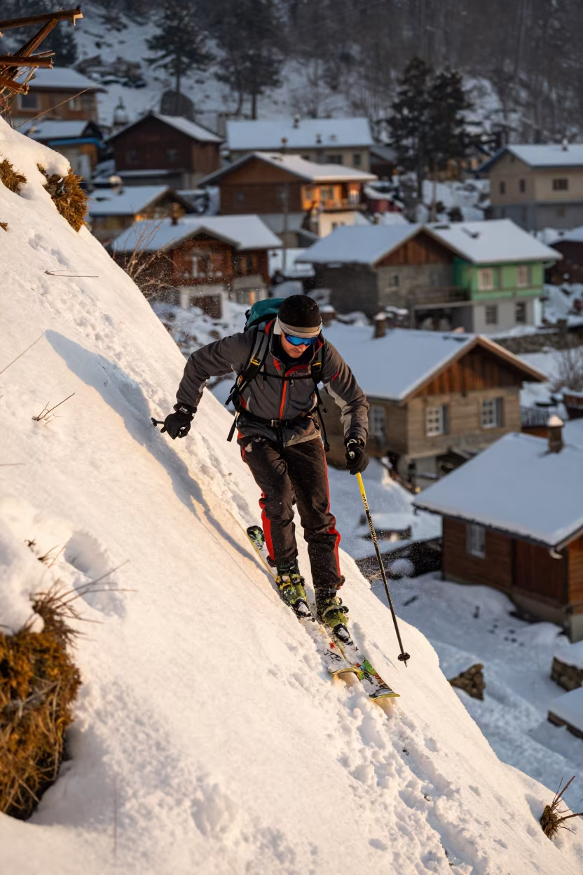 Ski Mountaineer Climbs Snowy Face Near Dehradun in in a village lane near Dehradun