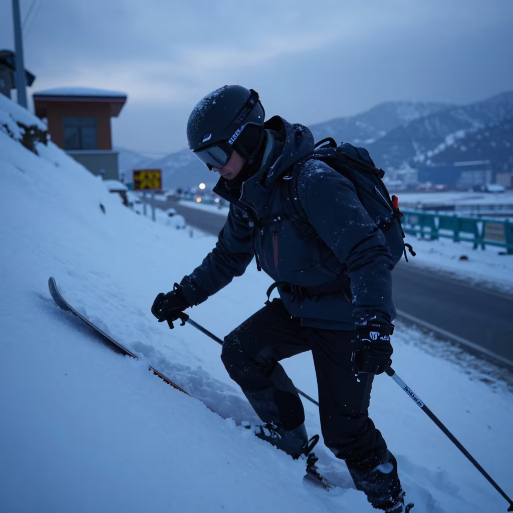 Ski Mountaineer in Evening Blue Light Srinagar in at a roadside stop near Srinagar