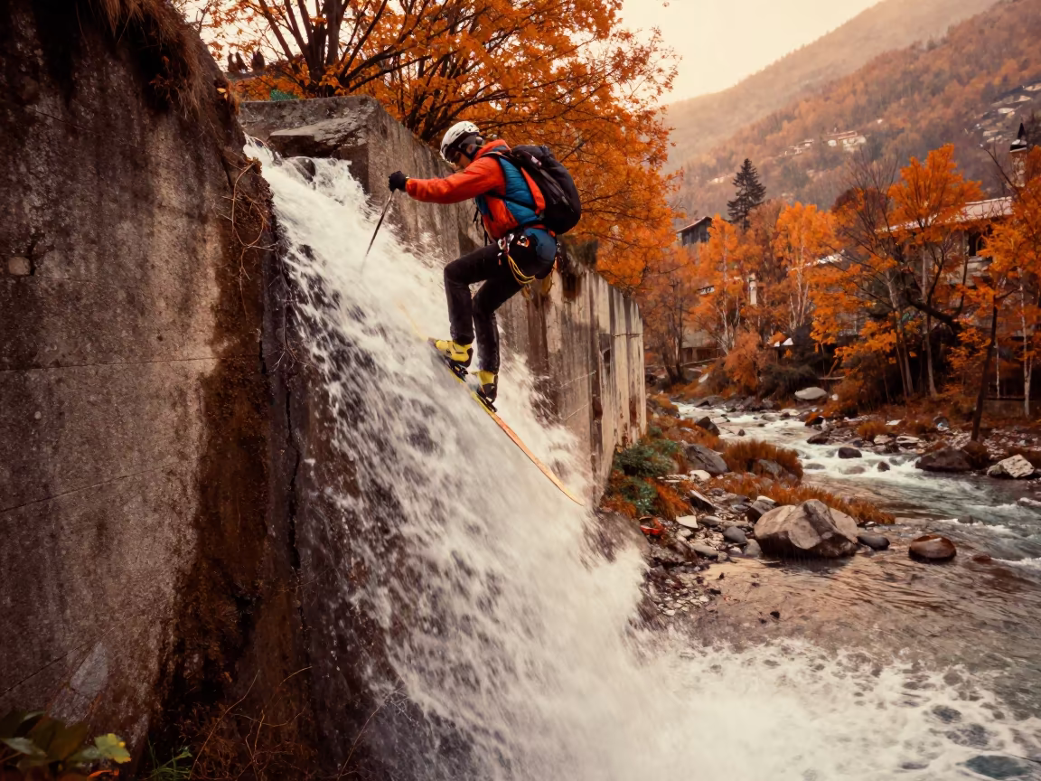 Ski Mountaineer on Riverbank Waterfall Wall in by a riverbank near Tirana