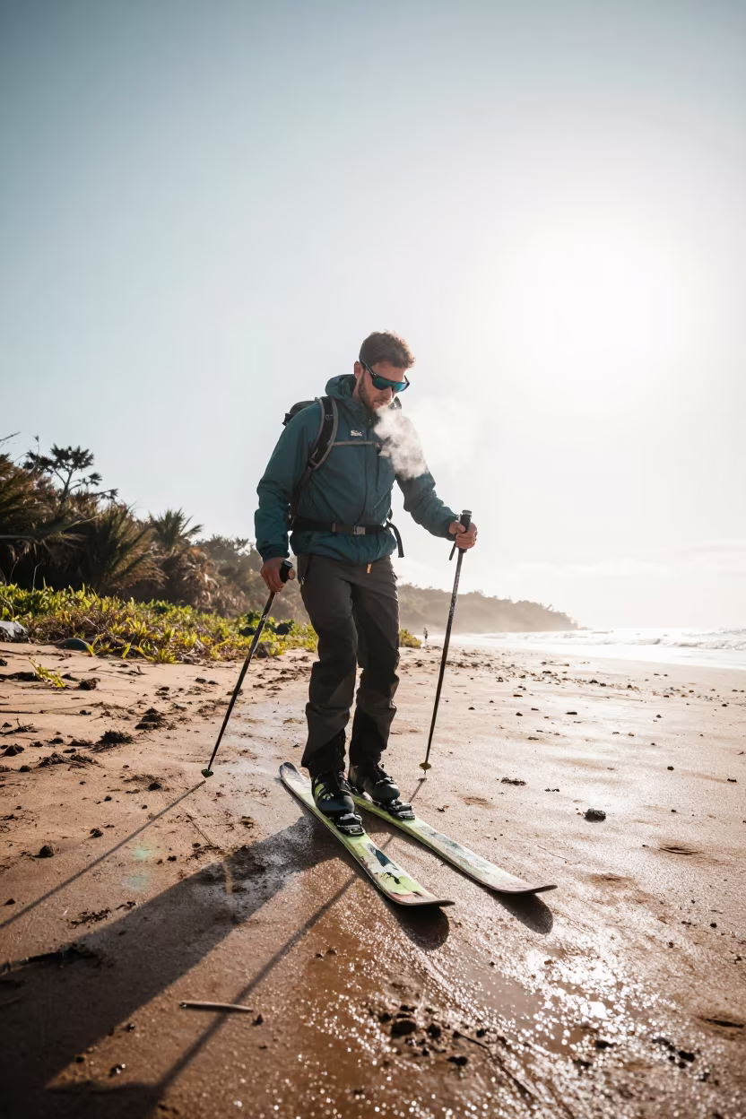 Ski Mountaineer on Wet Beach in Cabinda in along a beach near Cabinda